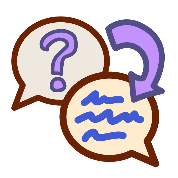 An grey tinted off white speech bubble originating from the left sits behind an off white speech bubble coming from the right. The first speech bubble has a purple question mark on it, the second blue scribbles. A curved purple arrow points from the first speech bubble to the one in front. The image has dark line art.